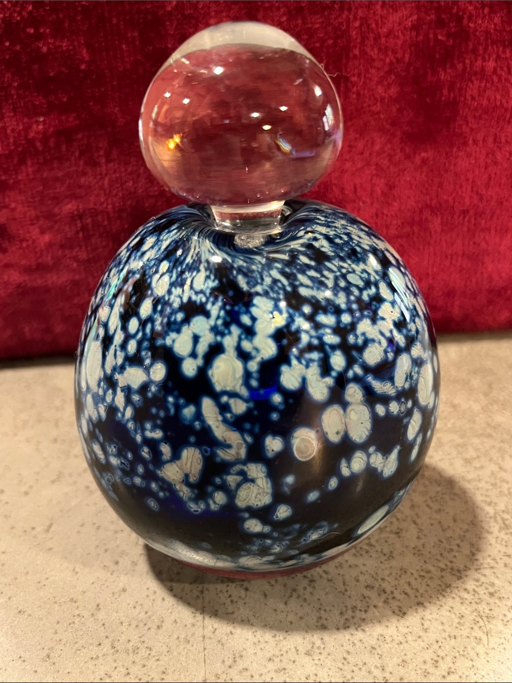 Vintage Blue and White Handblown Glass Art Perfume Bottle